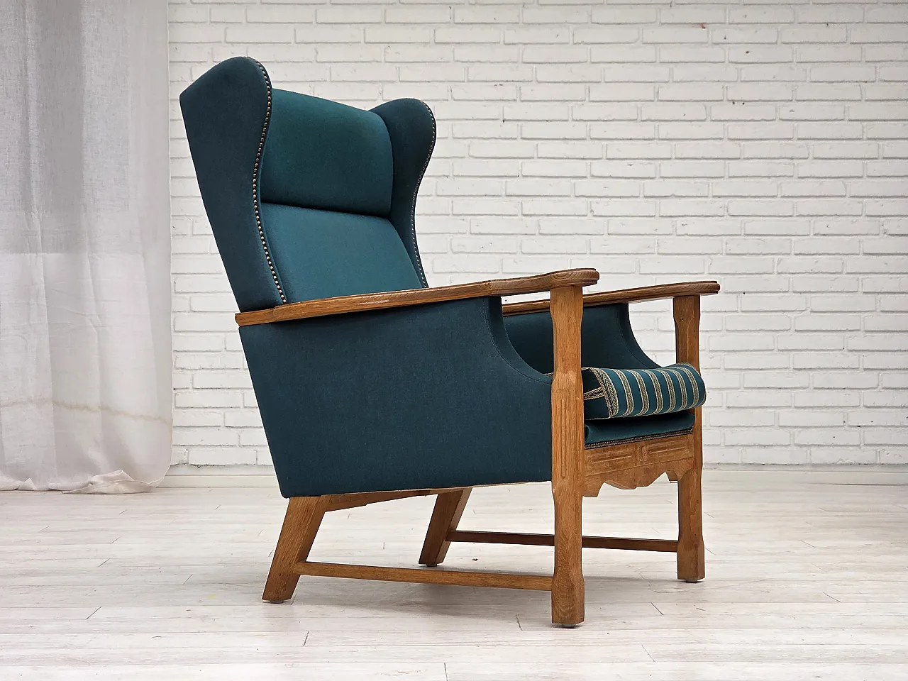 Danish highback armchair, furniture wool, oak wood, 1970s 1