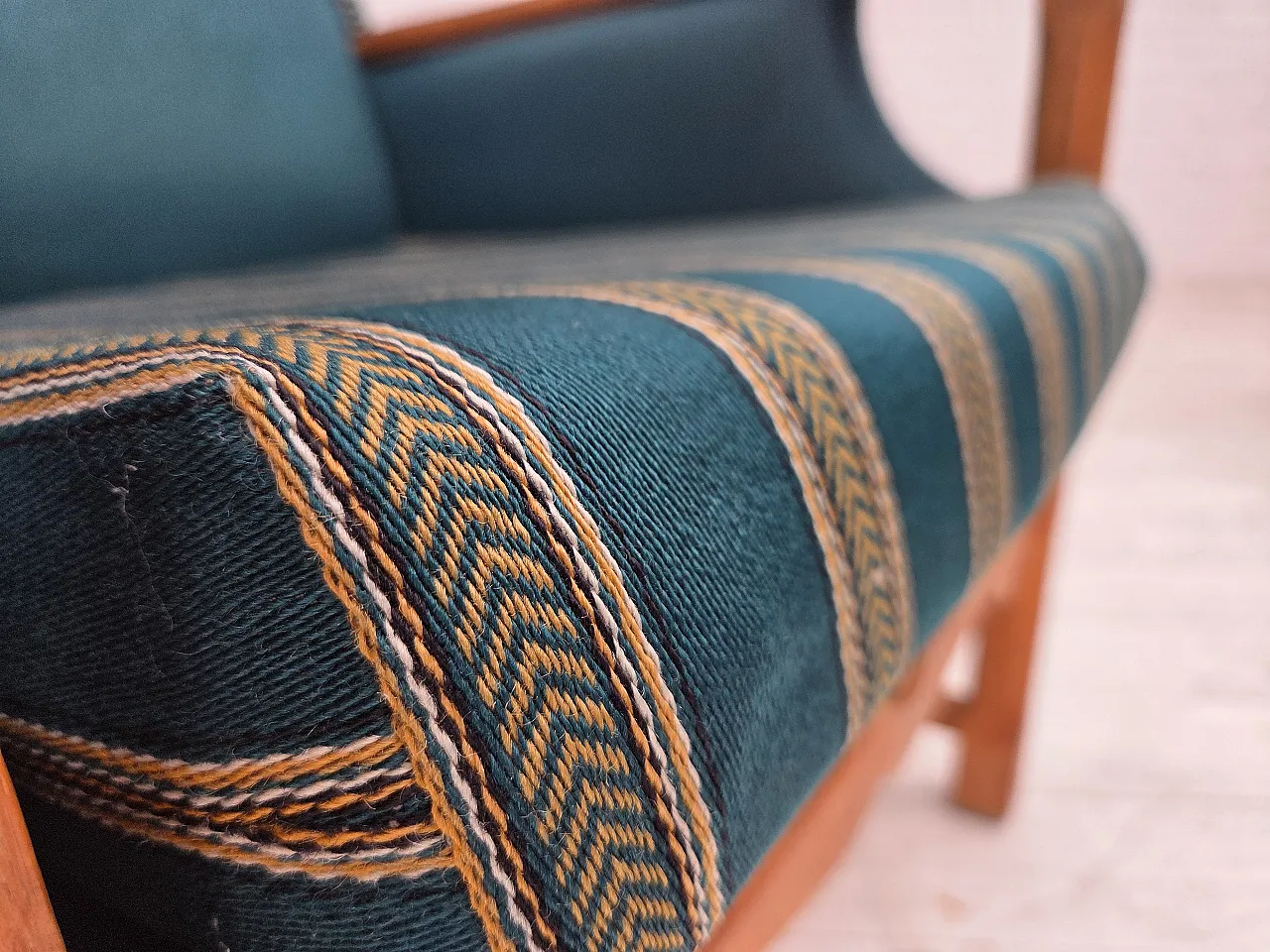 Danish highback armchair, furniture wool, oak wood, 1970s 2