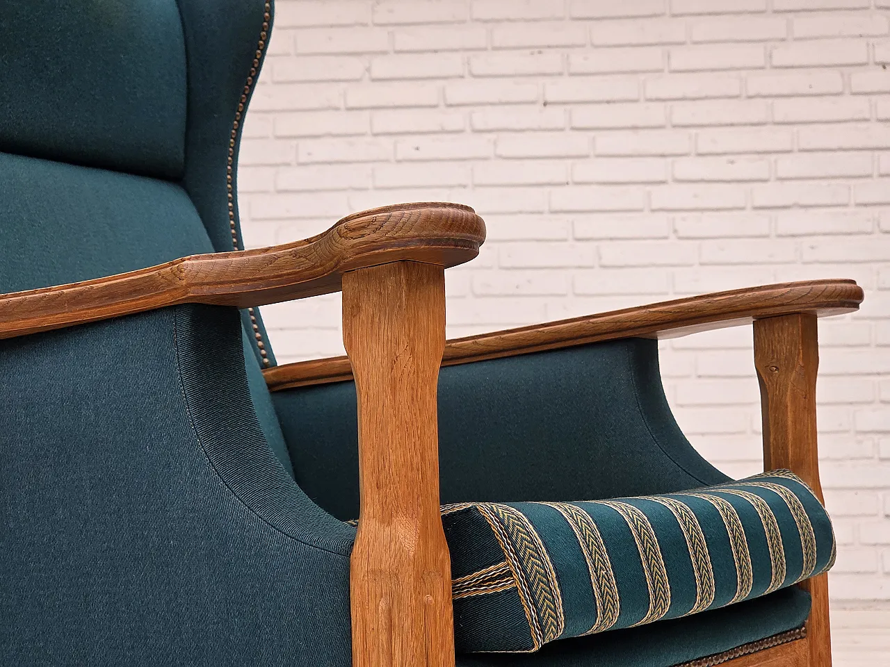 Danish highback armchair, furniture wool, oak wood, 1970s 4