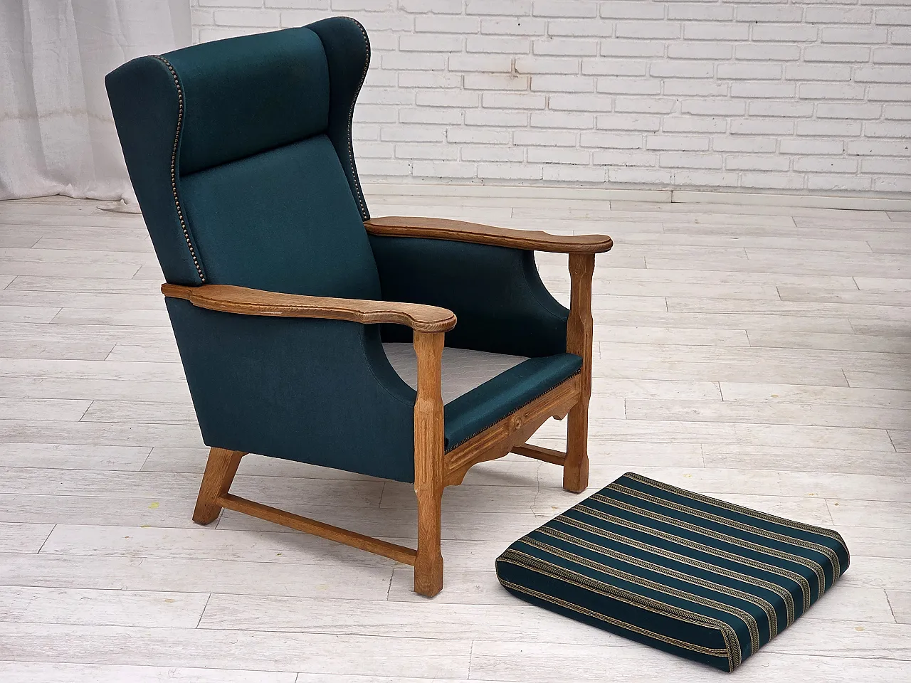Danish highback armchair, furniture wool, oak wood, 1970s 5