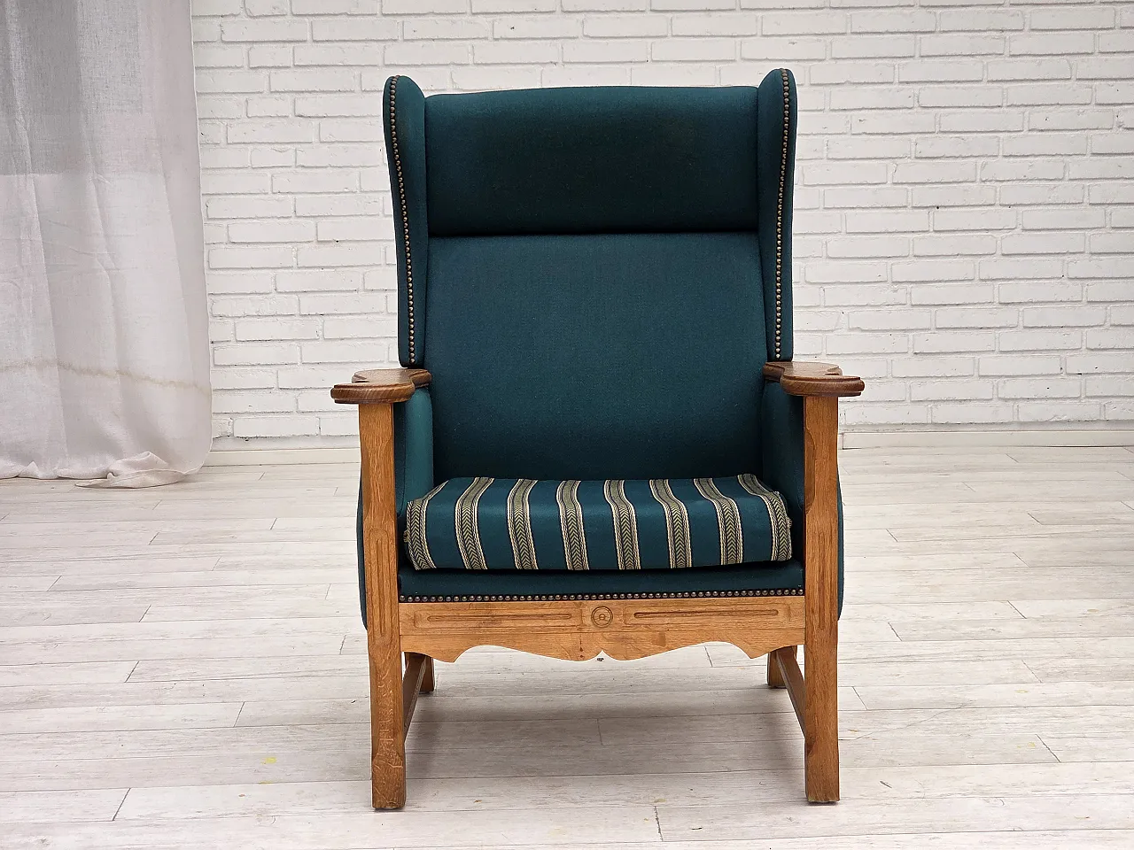 Danish highback armchair, furniture wool, oak wood, 1970s 6