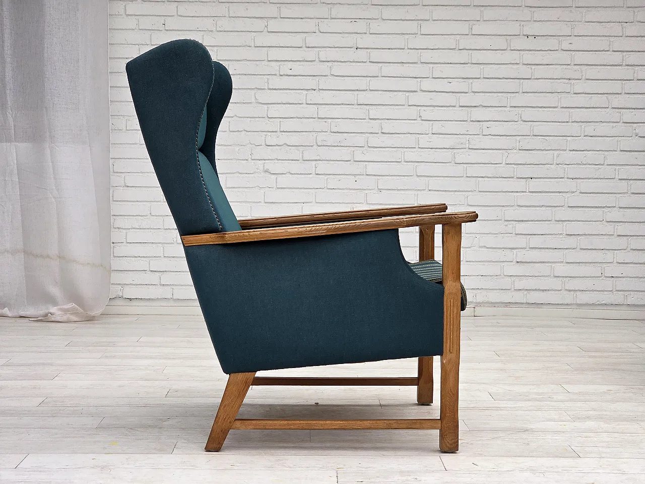 Danish highback armchair, furniture wool, oak wood, 1970s 8