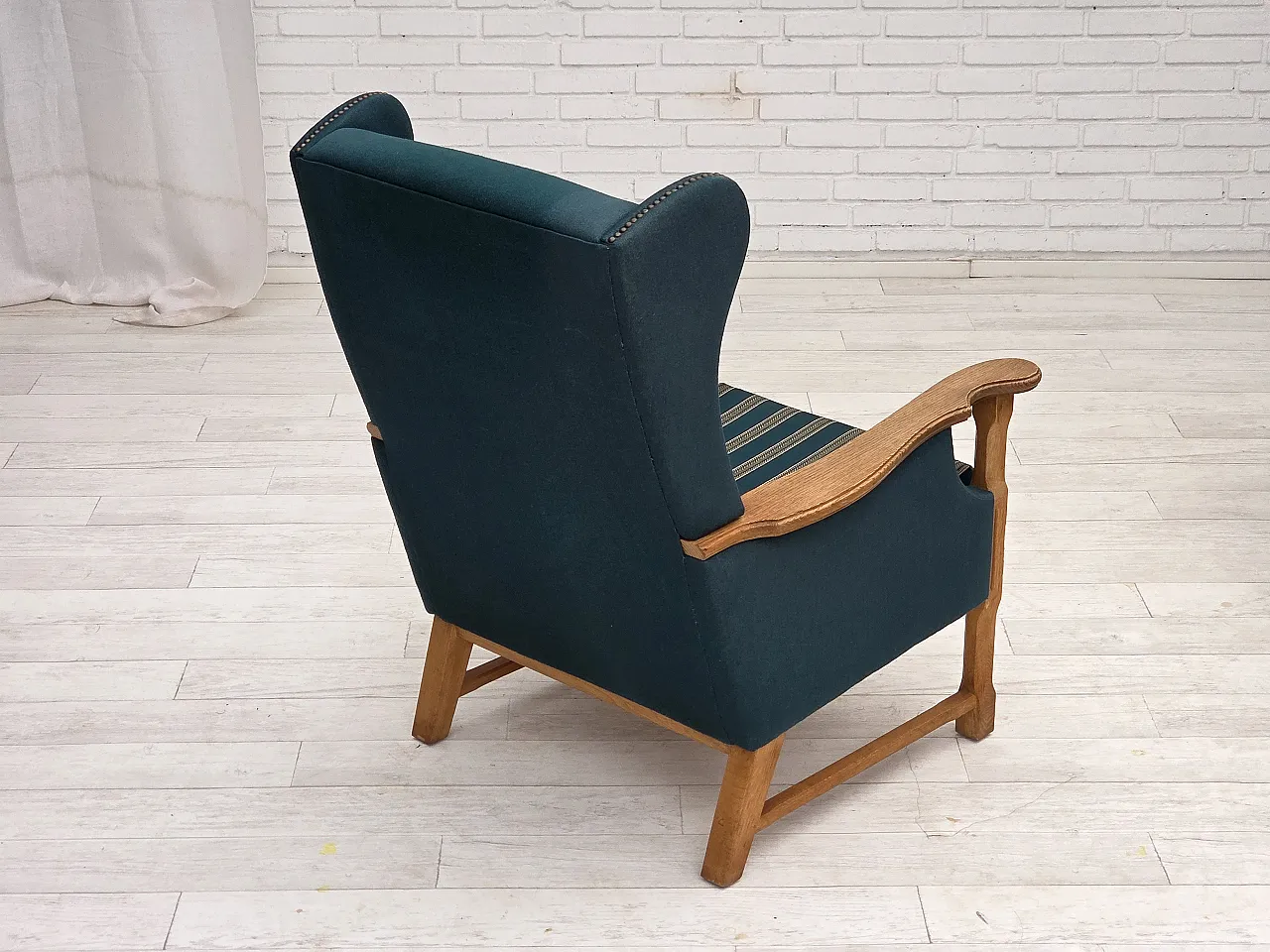 Danish highback armchair, furniture wool, oak wood, 1970s 9