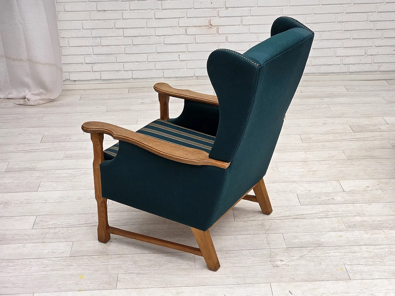 Danish highback armchair, furniture wool, oak wood, 1970s 13