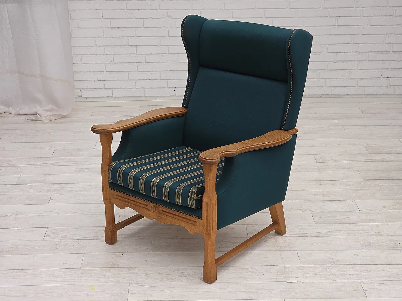 Danish highback armchair, furniture wool, oak wood, 1970s 14