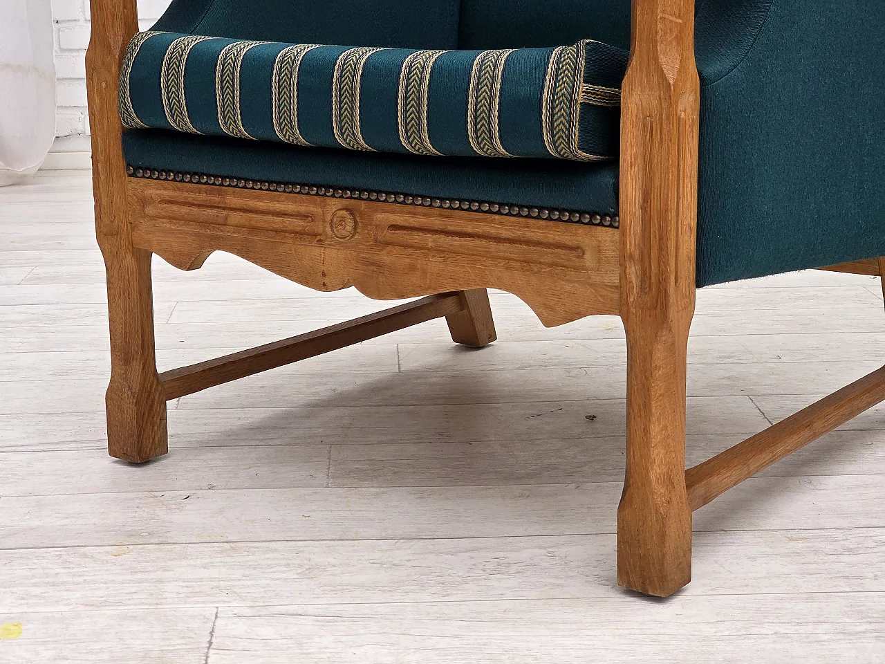 Danish highback armchair, furniture wool, oak wood, 1970s 15