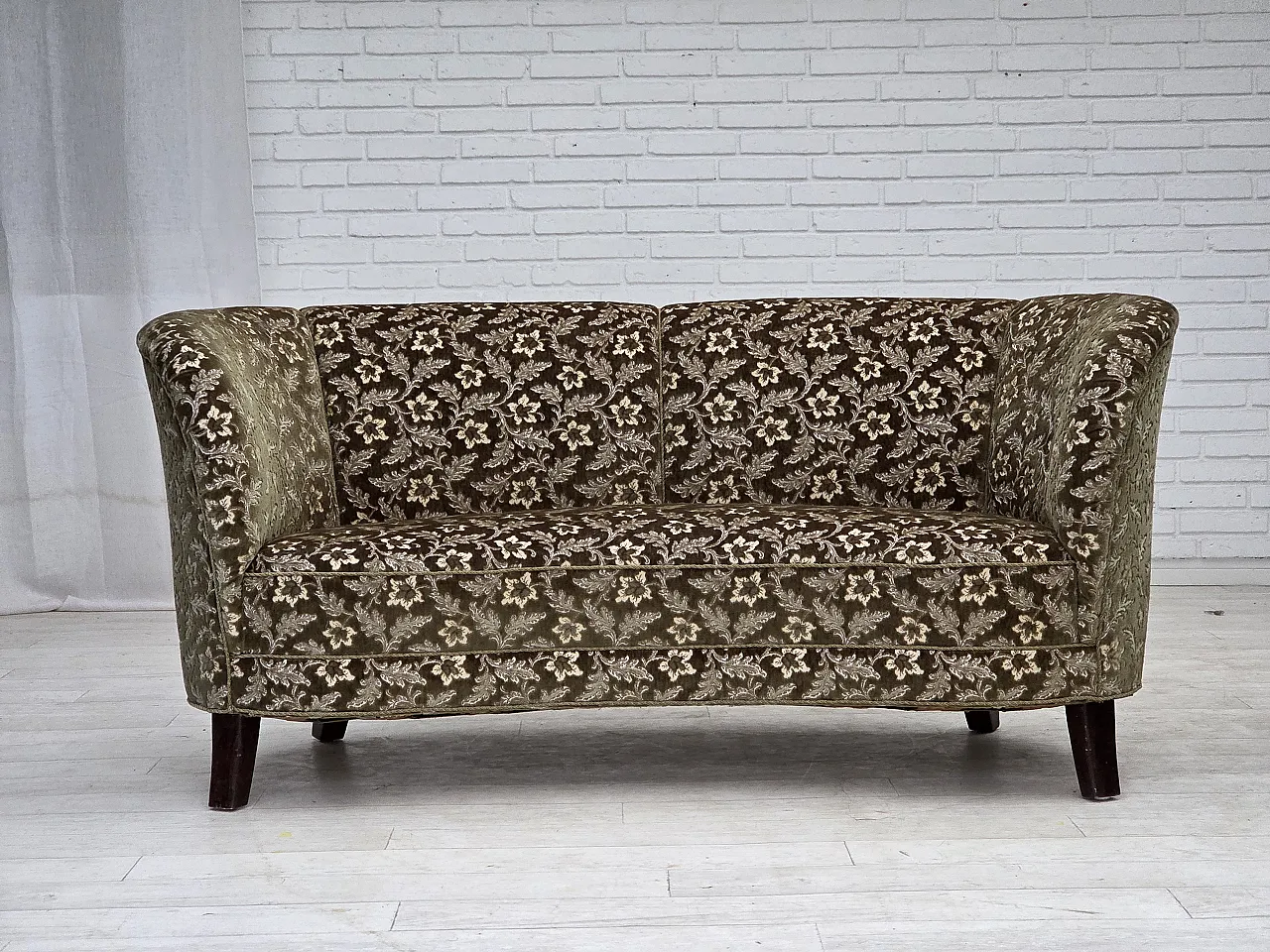 Danish curved 2-seater sofa, furniture velour, beech wood, 1960s 2