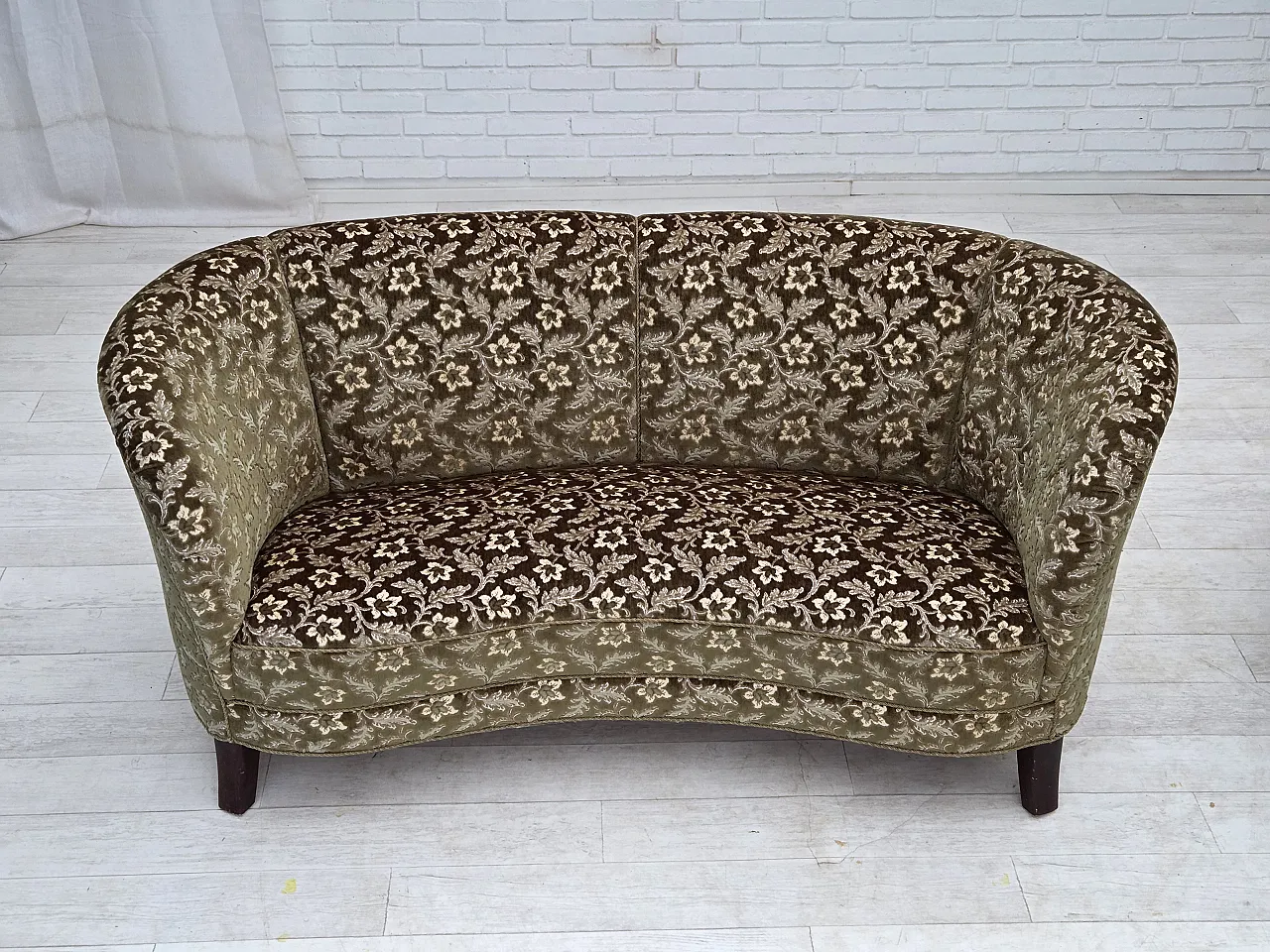 Danish curved 2-seater sofa, furniture velour, beech wood, 1960s 4