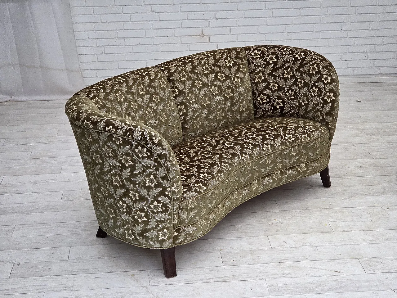 Danish curved 2-seater sofa, furniture velour, beech wood, 1960s 5