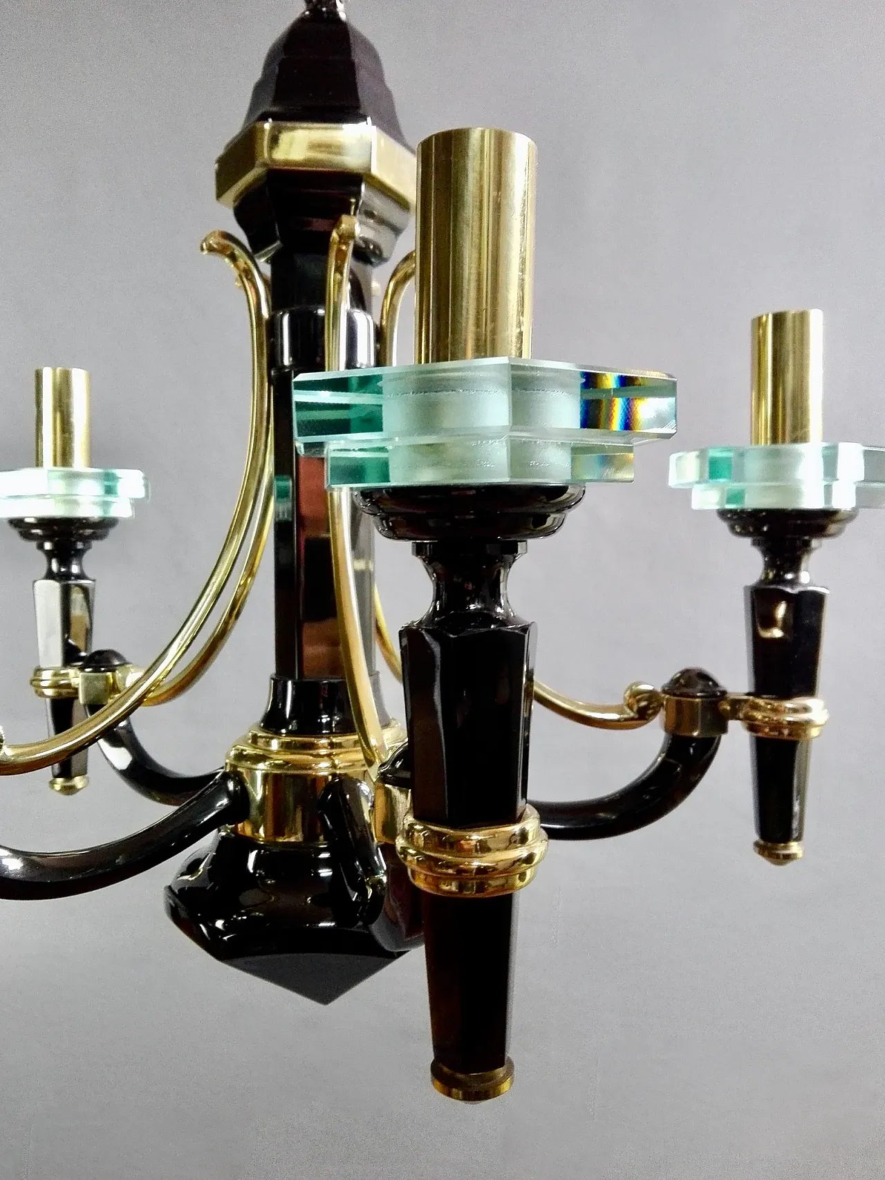 Lampadario Lampart a 5 luci in ottone massiccio e cristallo, anni '70 4