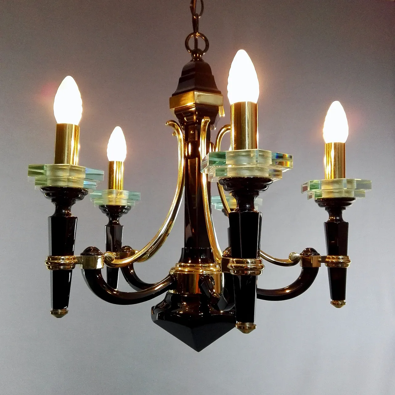 Lampadario Lampart a 5 luci in ottone massiccio e cristallo, anni '70 6