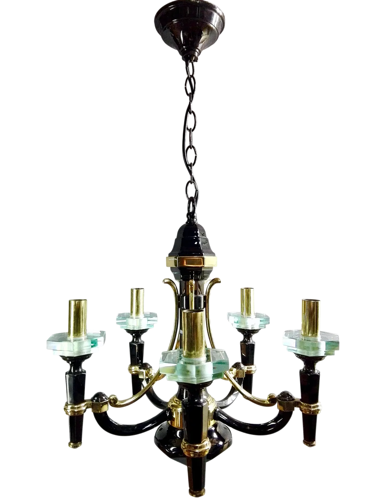 Lampadario Lampart a 5 luci in ottone massiccio e cristallo, anni '70 9