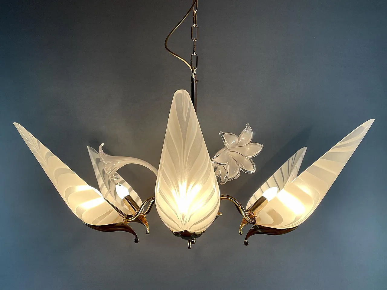 Lampadario a 6 luci in ottone e vetro di F. Fabbian, anni '80 1