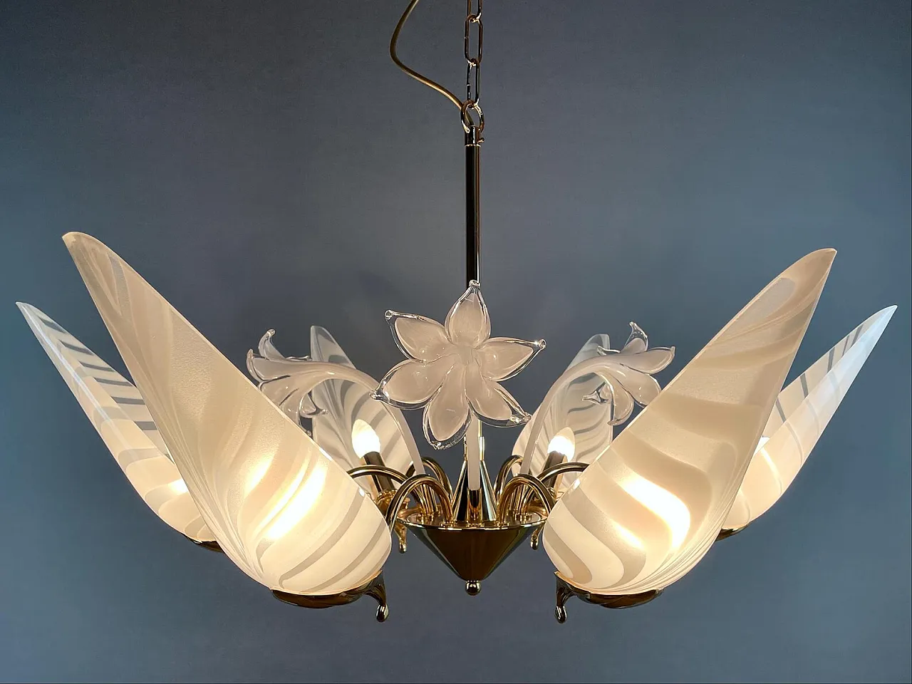 Lampadario a 6 luci in ottone e vetro di F. Fabbian, anni '80 2