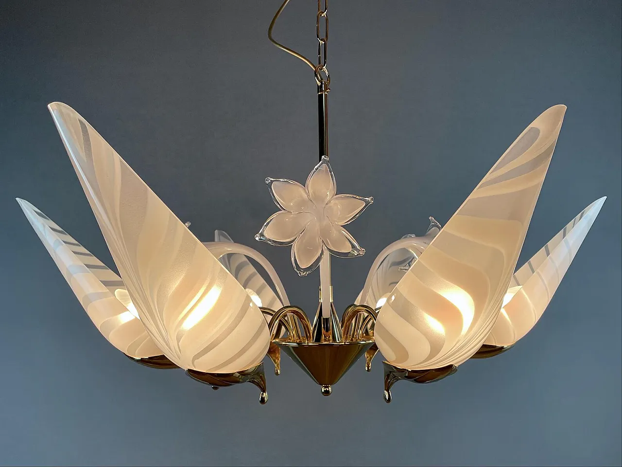 Lampadario a 6 luci in ottone e vetro di F. Fabbian, anni '80 3