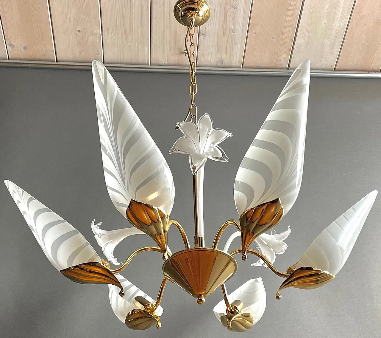 Lampadario a 6 luci in ottone e vetro di F. Fabbian, anni '80 4