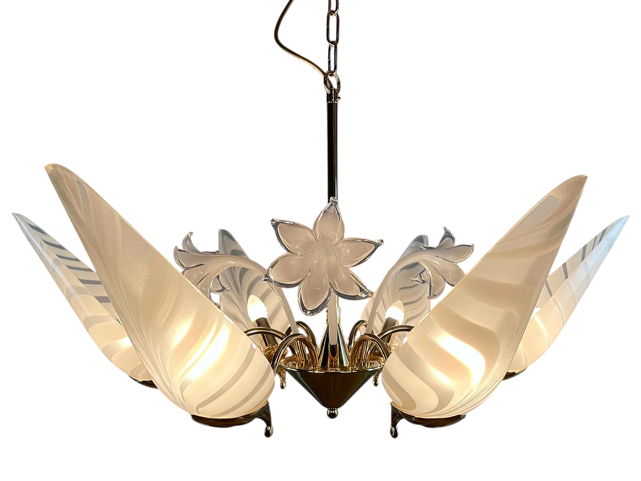 Lampadario a 6 luci in ottone e vetro di F. Fabbian, anni '80 10