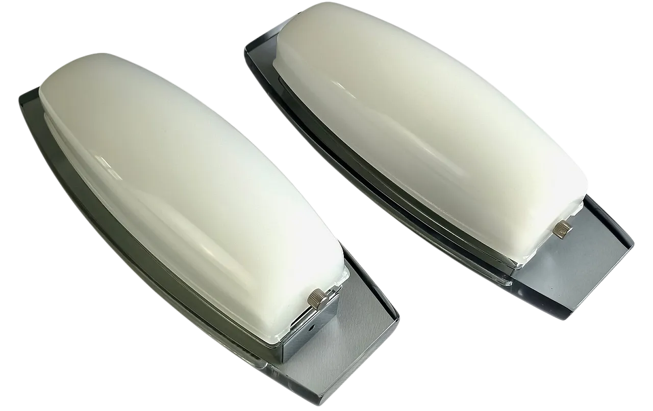 Pair of appliques in opaline glass and smoked crystal, 1970s 6