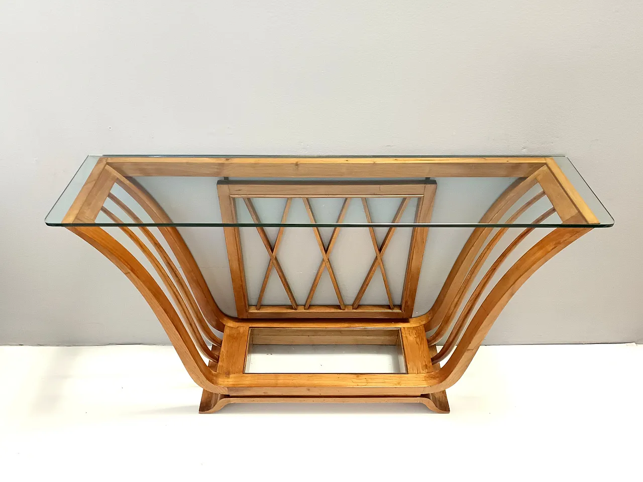 Art Deco Cherrywood Console Table with a Rectangular Glass Top, Italy 1