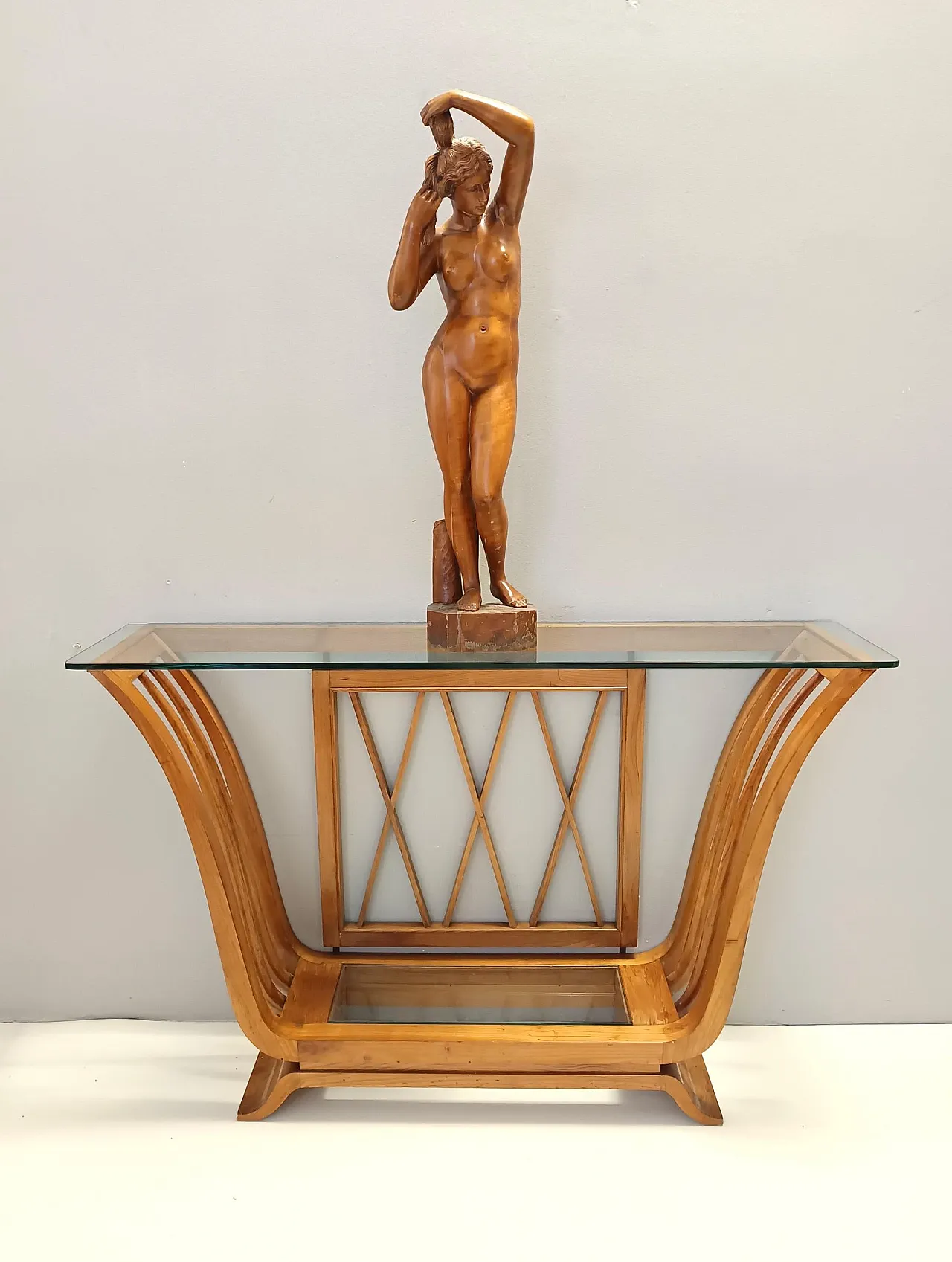 Art Deco Cherrywood Console Table with a Rectangular Glass Top, Italy 3