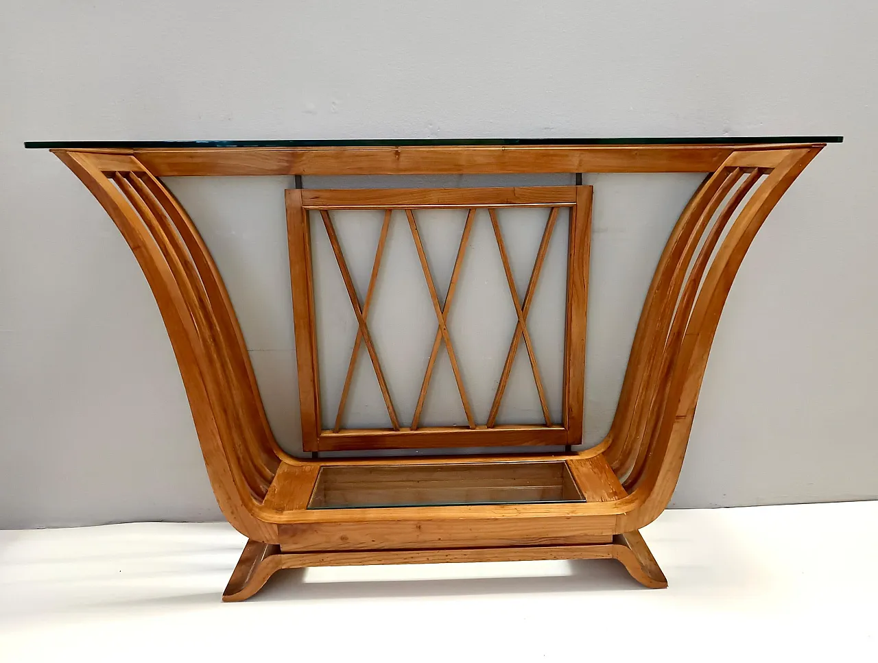 Art Deco Cherrywood Console Table with a Rectangular Glass Top, Italy 4