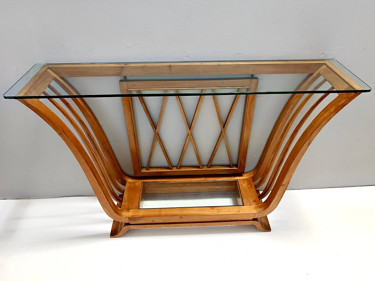 Art Deco Cherrywood Console Table with a Rectangular Glass Top, Italy 6