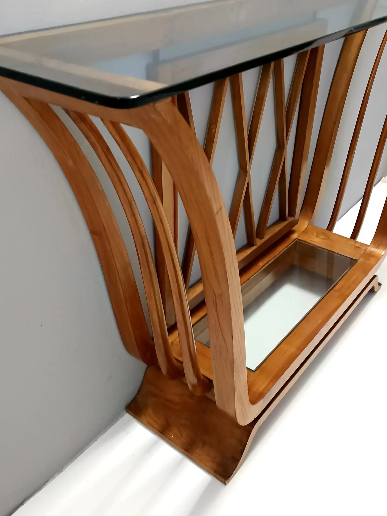 Art Deco Cherrywood Console Table with a Rectangular Glass Top, Italy 9