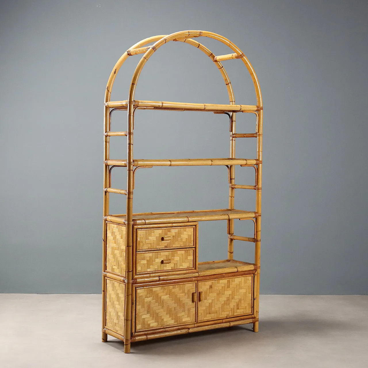 Libreria in bambù con ante e cassetti, anni '80 1