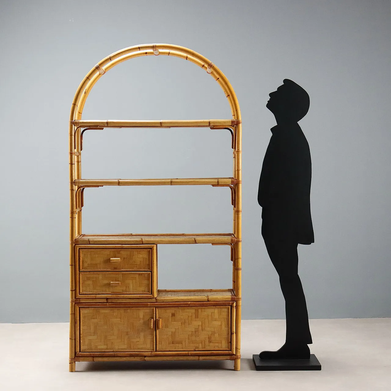 Libreria in bambù con ante e cassetti, anni '80 2