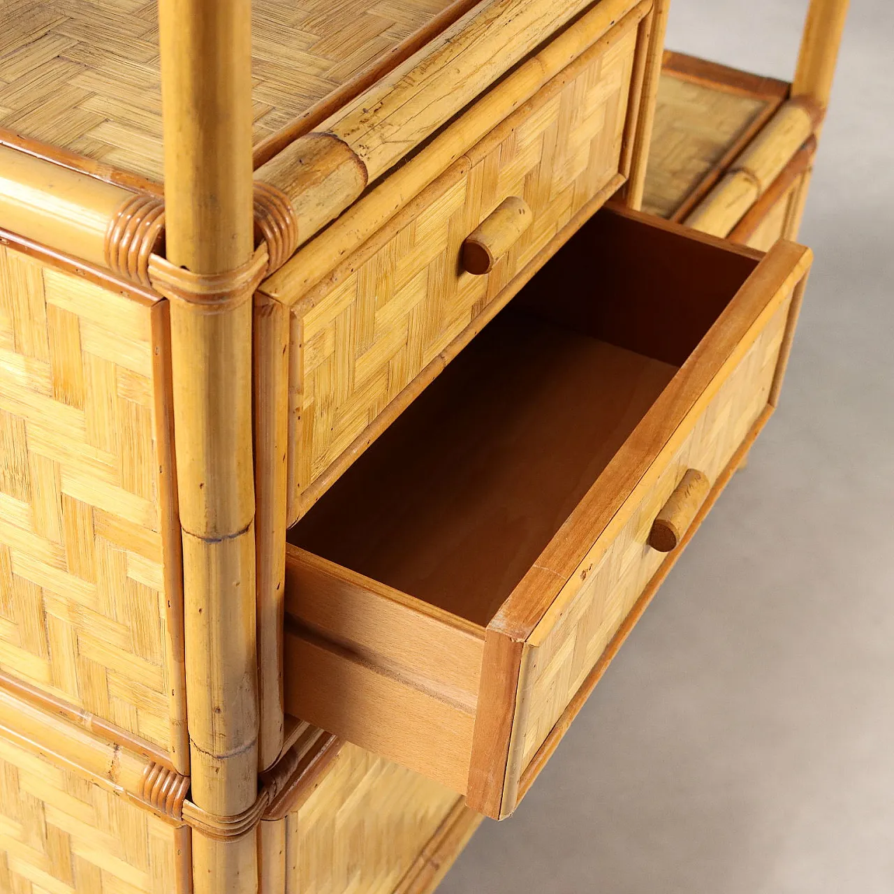 Libreria in bambù con ante e cassetti, anni '80 7