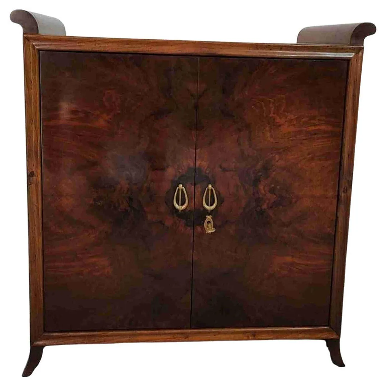 Italian bar cabinet in briarwood and art deco mirror, Gio Ponti style, 40s 1