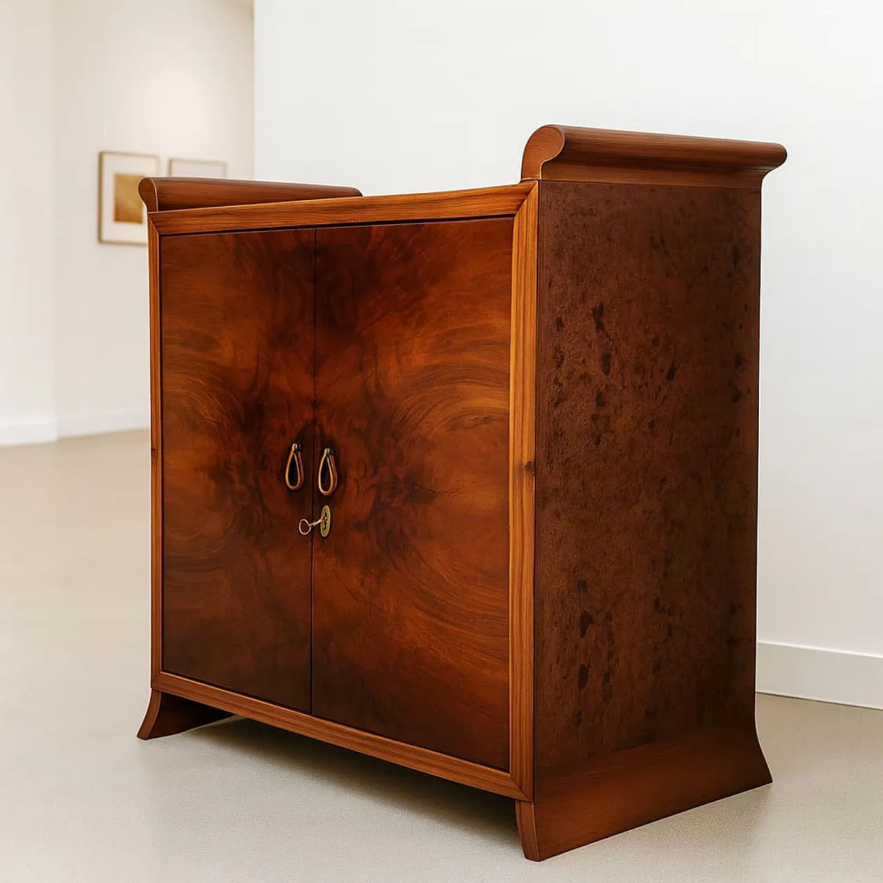 Italian bar cabinet in briarwood and art deco mirror, Gio Ponti style, 40s 2