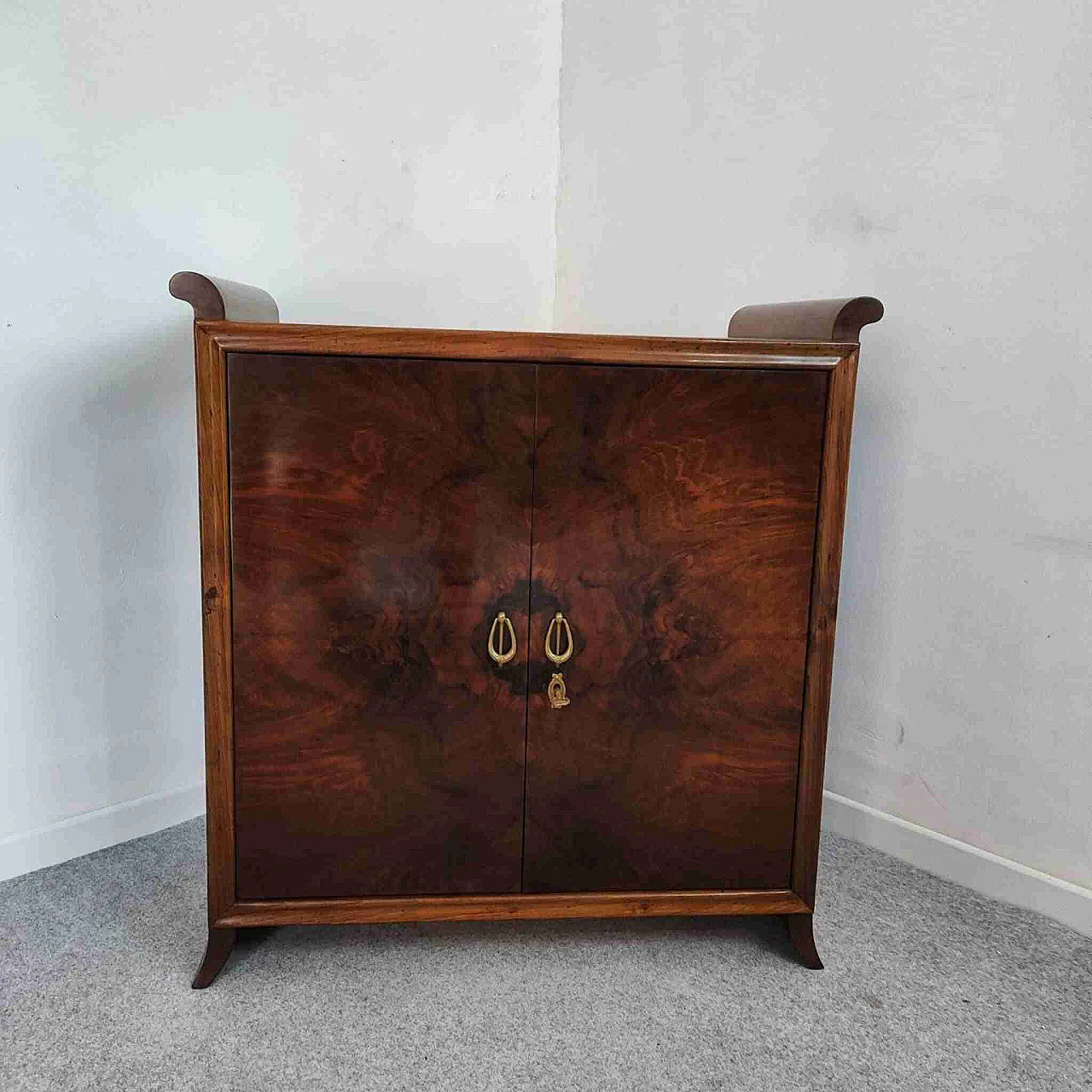 Italian bar cabinet in briarwood and art deco mirror, Gio Ponti style, 40s 6