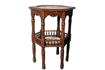 Tavolinetto esagonale liberty con piani dipinti in ceramica, anni '30