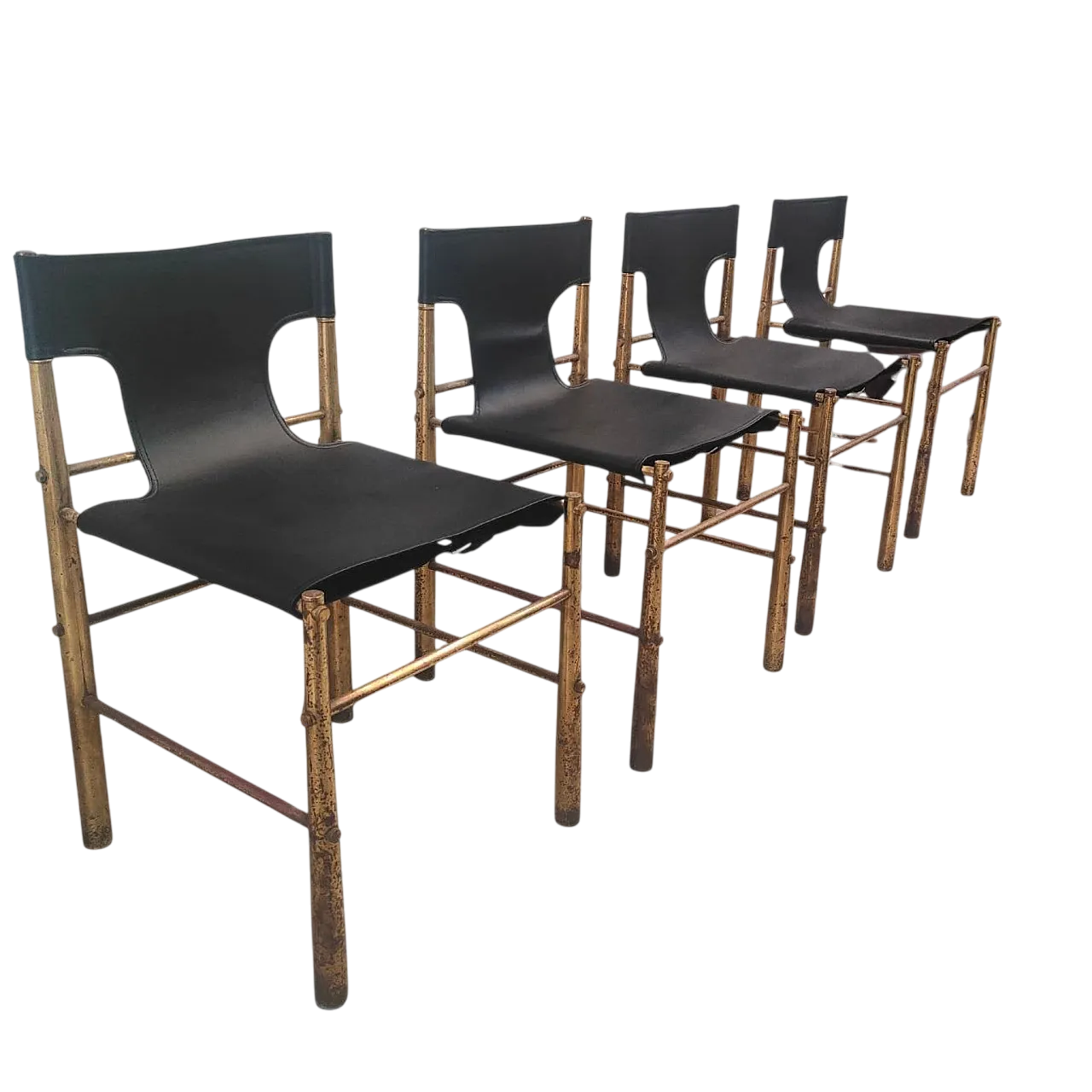Sedie in ottone e pelle in stile Frigerio, anni 70, Italia 8