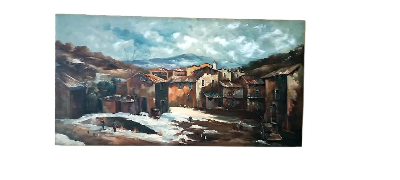 Landscape with village and characters, oil on canvas, 20th century 11