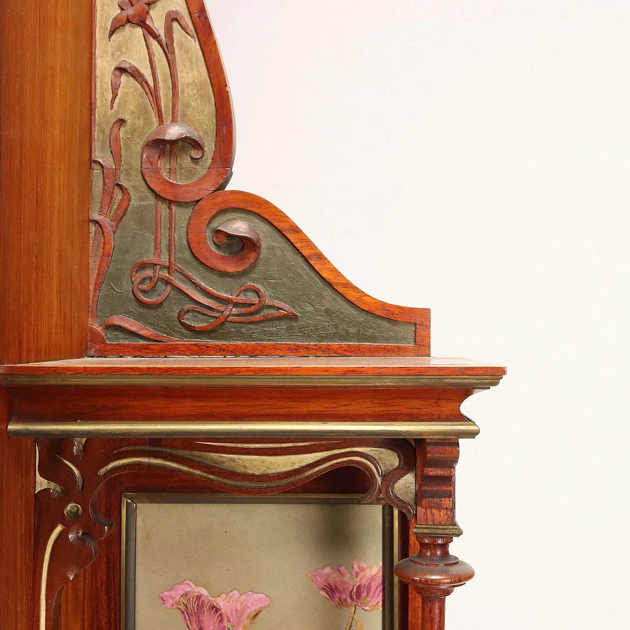 Credenza Liberty in legno con vetrina e pannelli in ceramica, inizio '900 6