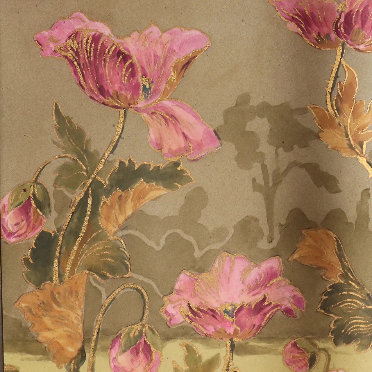 Credenza Liberty in legno con vetrina e pannelli in ceramica, inizio '900 8