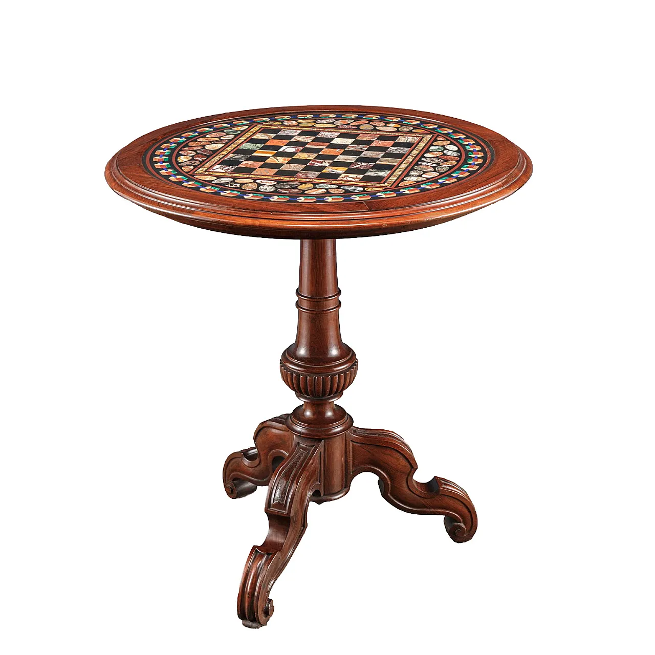 Tavolino in palissandro con piano in marmo commesso e scacchiera, metà '800 1