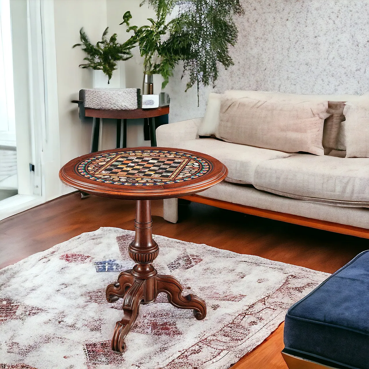 Tavolino in palissandro con piano in marmo commesso e scacchiera, metà '800 9