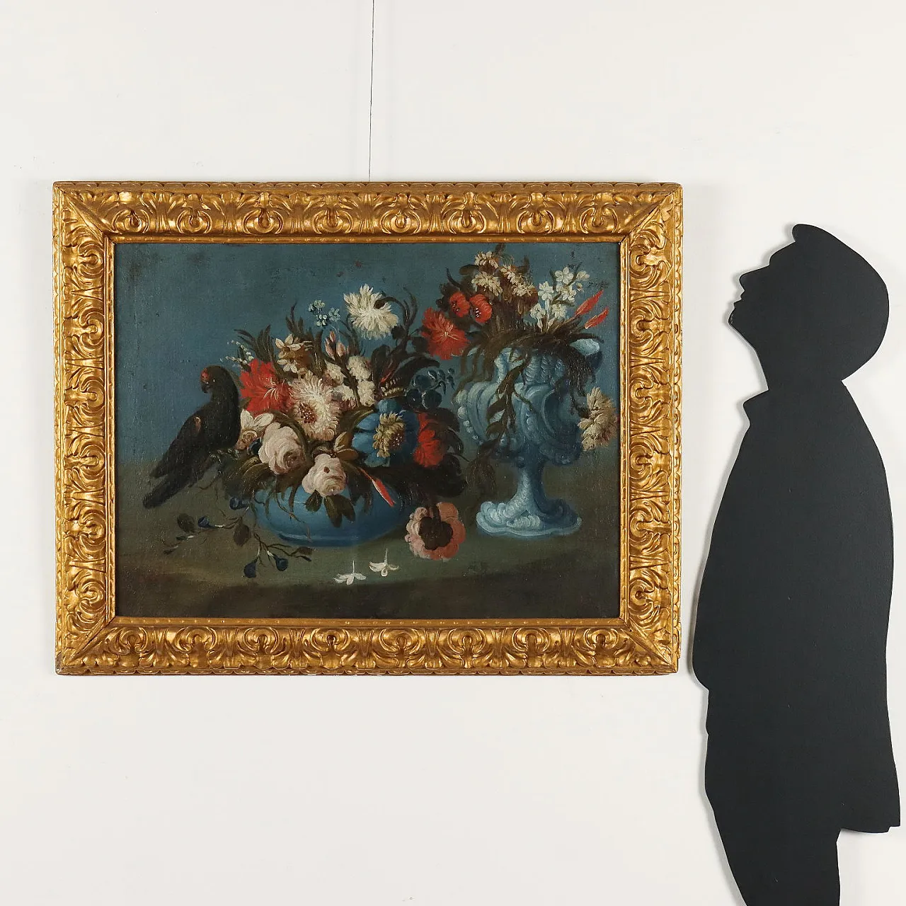 Natura morta con Fiori e Pappagallo, olio su tela, '800 2