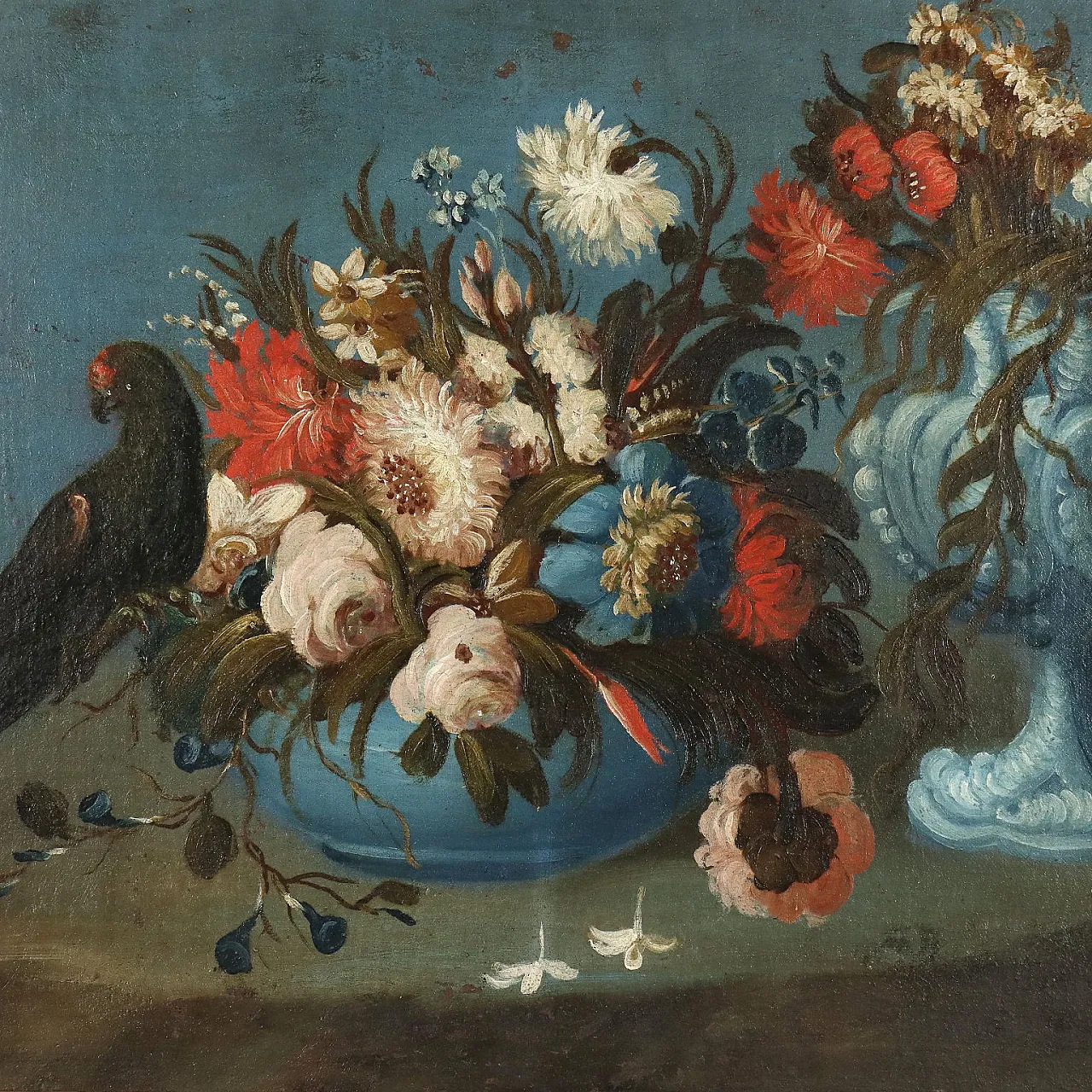 Natura morta con Fiori e Pappagallo, olio su tela, '800 3