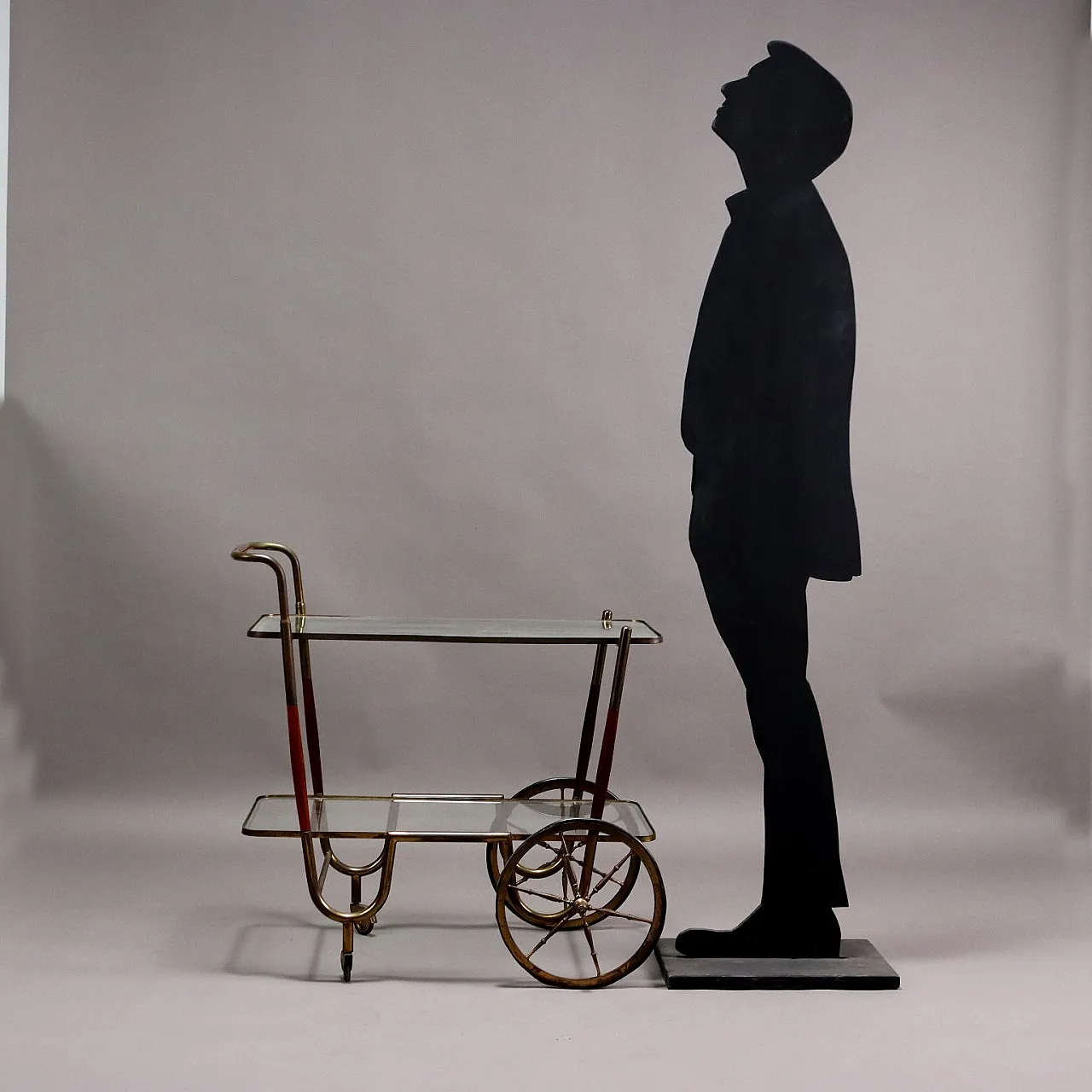 Carrello di servizio in legno, ottone e vetro, anni '50 2