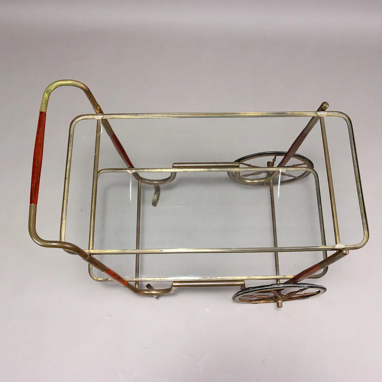 Carrello di servizio in legno, ottone e vetro, anni '50 7