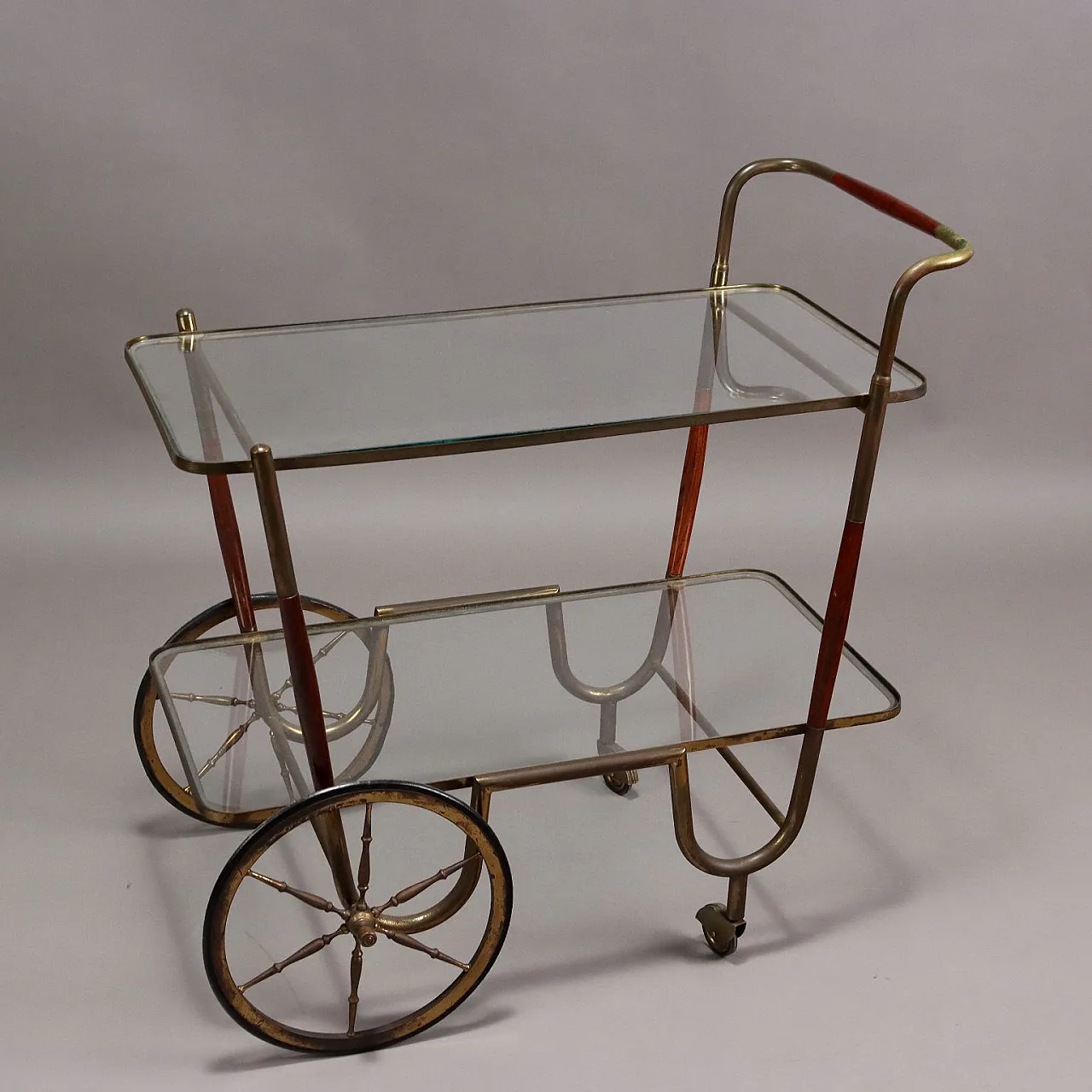 Carrello di servizio in legno, ottone e vetro, anni '50 9