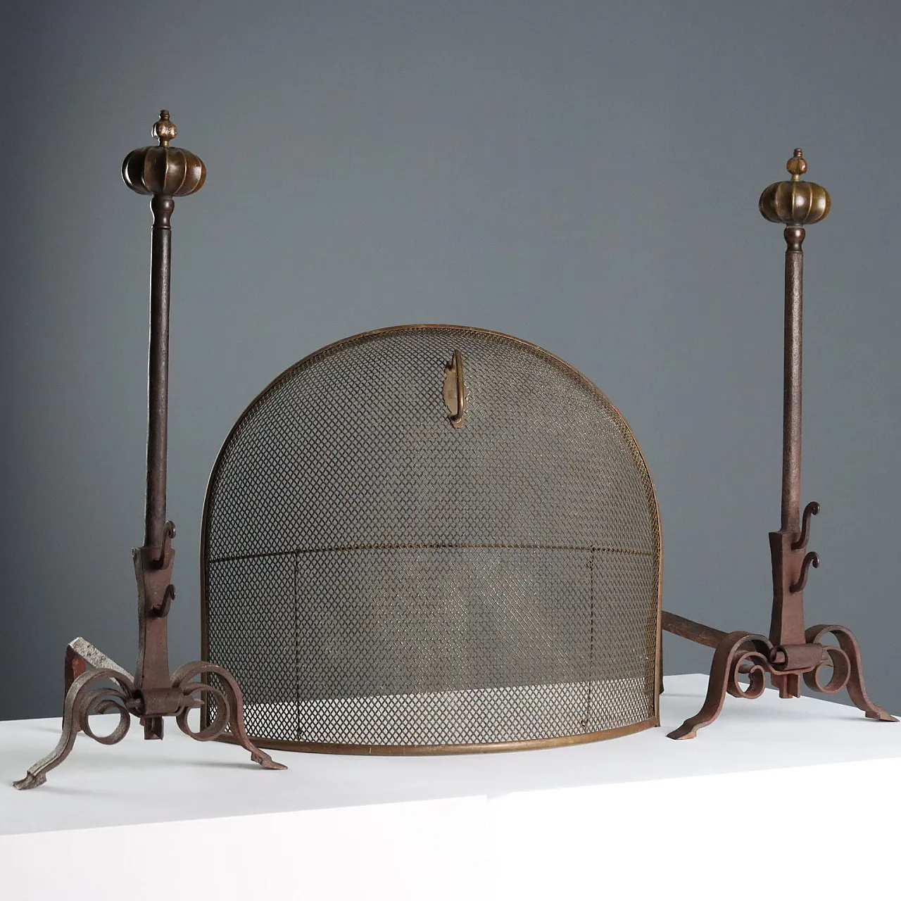 Andirons and spark guards in wrought iron and bronze, 19th century 1