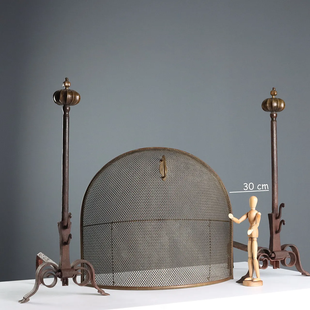 Andirons and spark guards in wrought iron and bronze, 19th century 2
