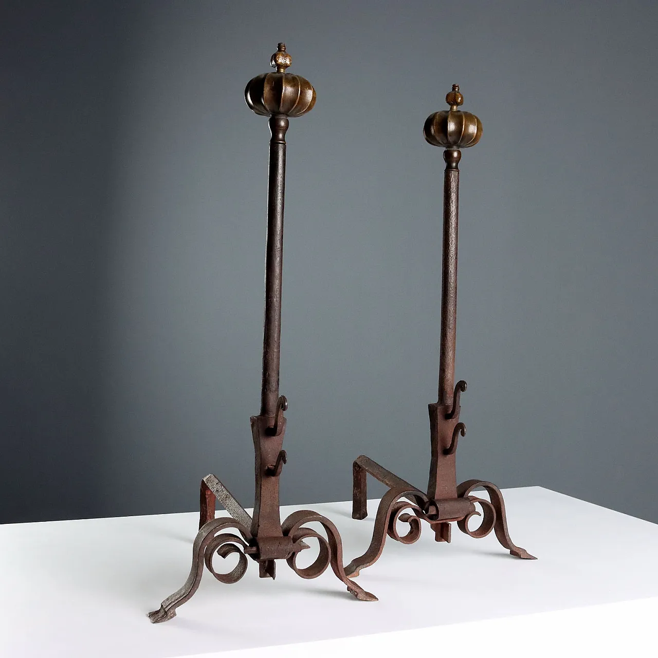 Andirons and spark guards in wrought iron and bronze, 19th century 6
