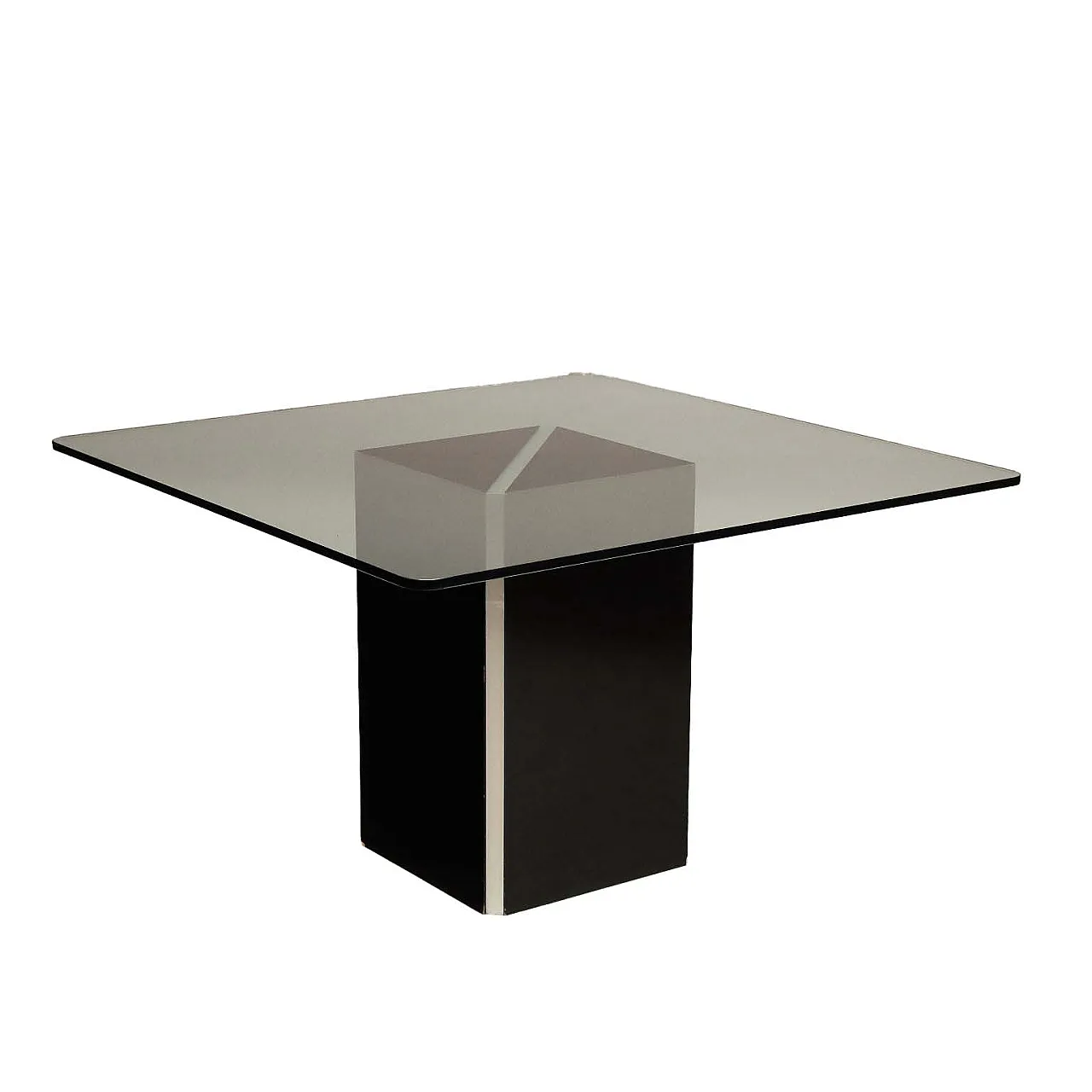 Tavolo quadrato in legno e alluminio con piano in vetro, anni '80 1