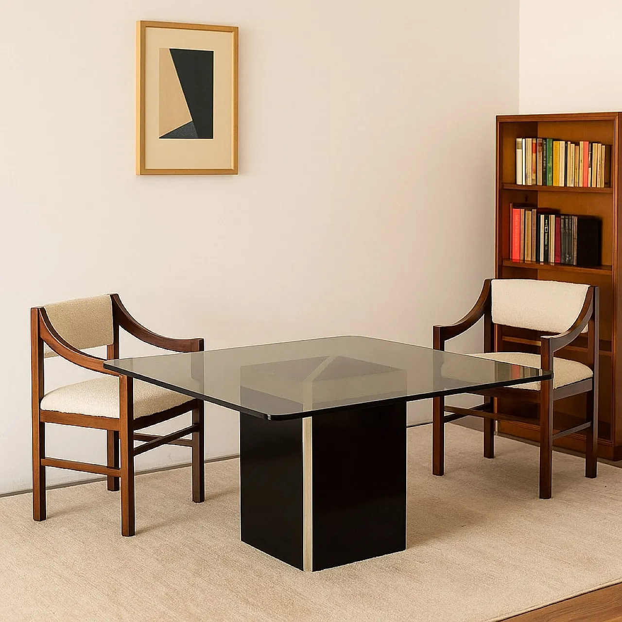 Tavolo quadrato in legno e alluminio con piano in vetro, anni '80 2